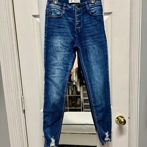 Kan Can button-fly, raw hem jeans